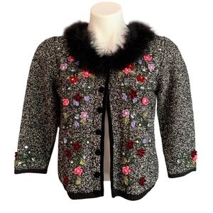 Vintage Embellished 90’s Cropped Art to Wear Fur Collar Funky Cardigan Sz S